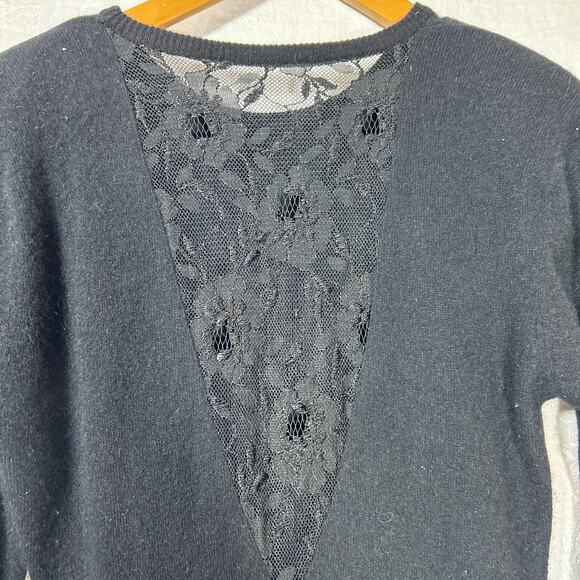 Vintage Sweater Dress 4 PETITE Black Ruffle Lace Lambswool Angora Ambria - Picture 9 of 12